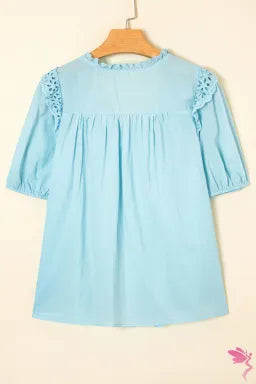 Embroidered Lace Patchwork Tie Neck Puff Short Sleeve Blouse