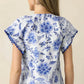 Blue Elegant Floral Print Ricrac Trim Short Sleeve Blouse