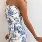 Floral Print Strapless Zipped Back Knot Waist Ruffled Romper