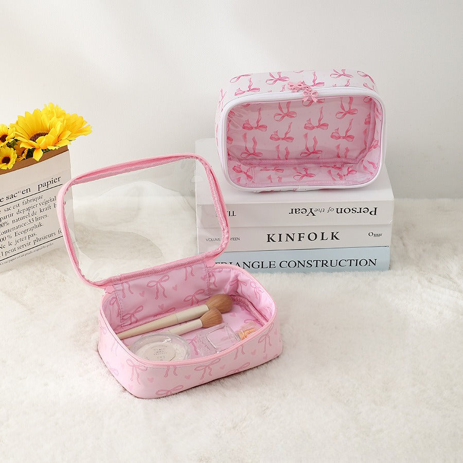 Clear PU Cosmetic Bag Pink Ribbon Toiletry Bag