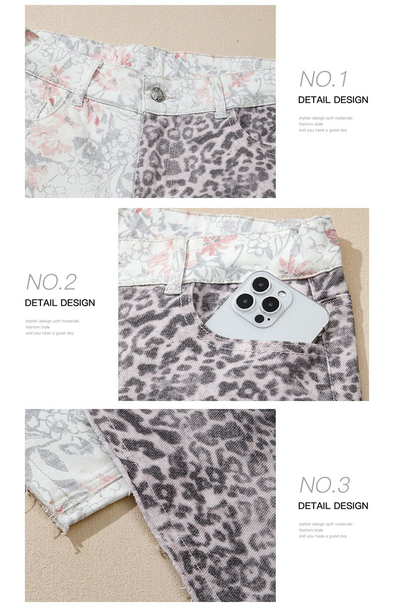 Multicolour Retro Floral Leopard Contrast Patchwork Raw Hem Jeans
