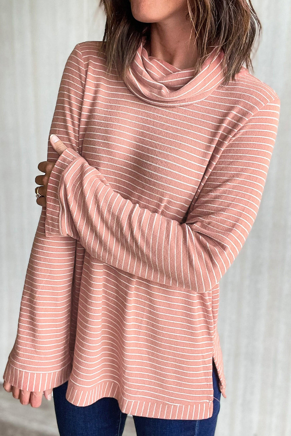 Stripe Cowl Neck Side Slits Top