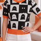 White Geometric Ghost Color Block Trim Short Sleeve Knit Sweater