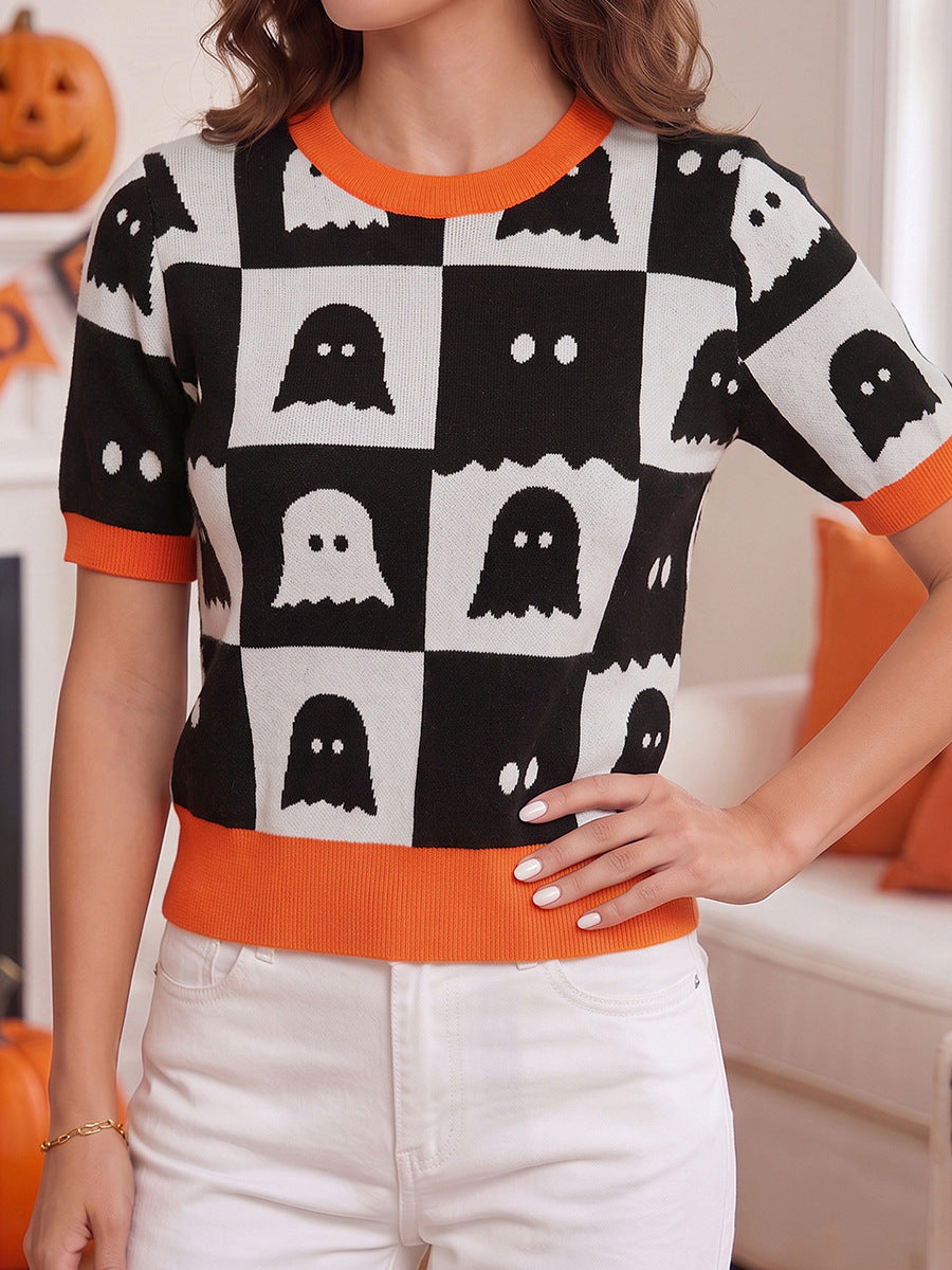 White Geometric Ghost Color Block Trim Short Sleeve Knit Sweater