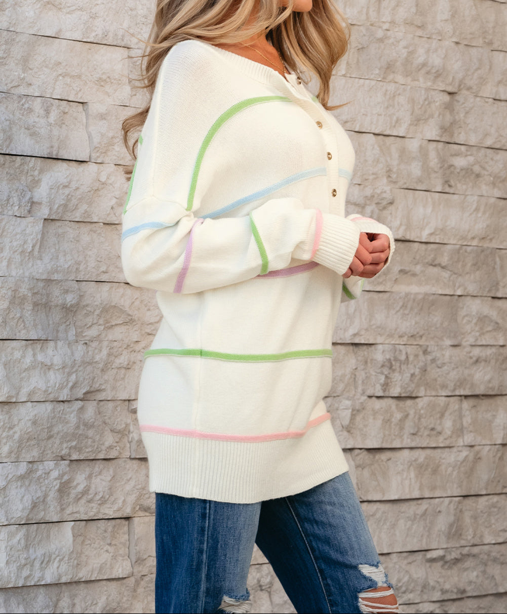 Rainbow Stripes Drop Shoulder Baggy Henley Sweater