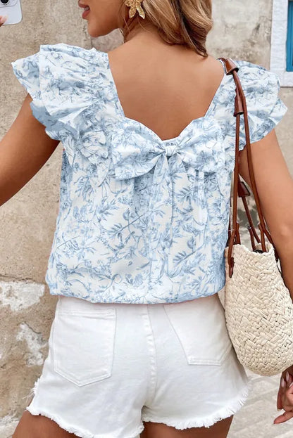 Pink Textured Bow Knot Frilled Butterfly Sleeve Blouse