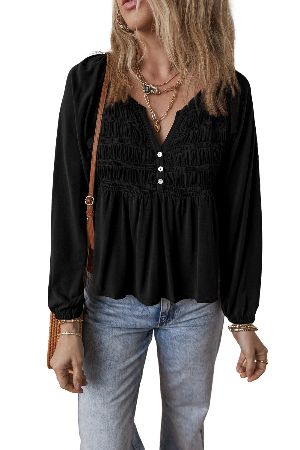 Smocked Bust Buttoned Split V Neck Flow Fit Blouse
