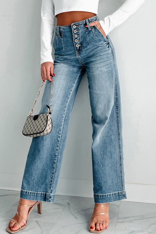 Wash Buttons Straight Wide Leg Jeans