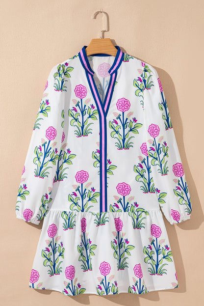 Floral Print Contrast Striped Trim Notched Neck Long Sleeve Dress