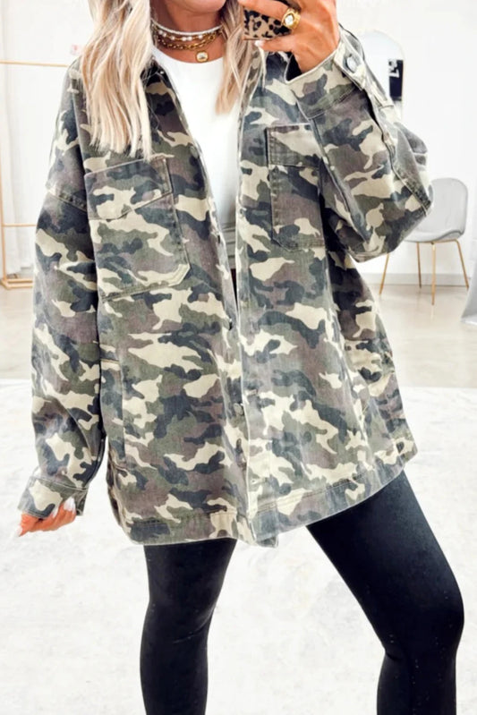 Camo Chest Pockets Loose Jean Jacket