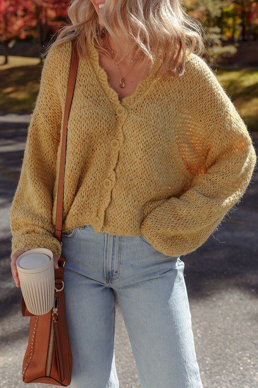 Lantern Sleeve Scallop V Neck Buttoned Front Cardigan