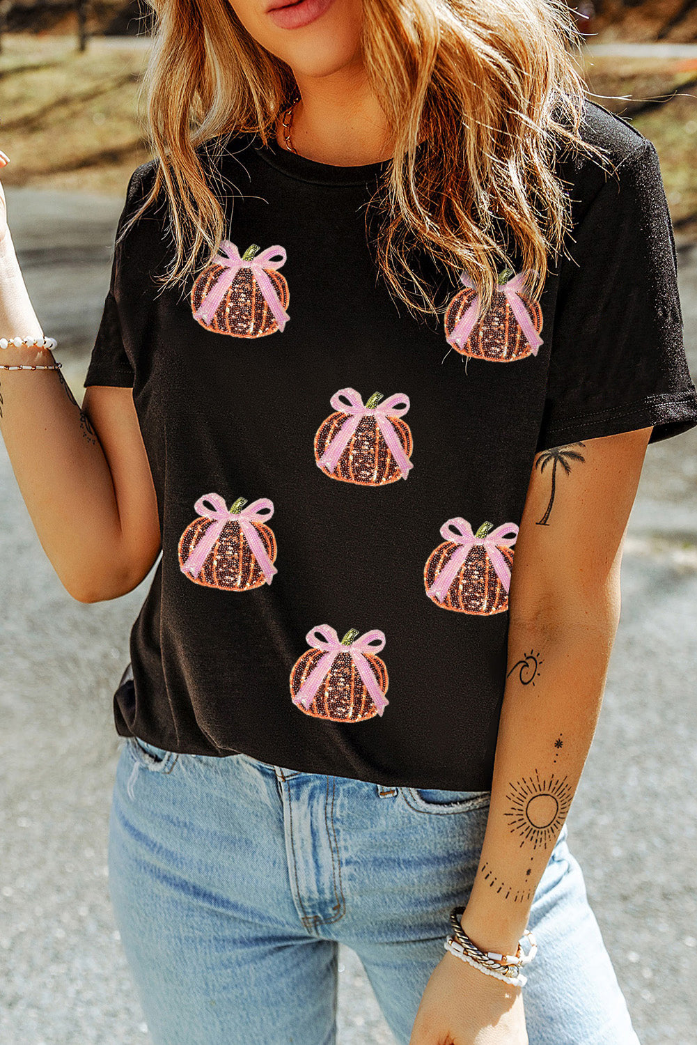 Sequin Bow Pumpkin Patched Cotton Blend T Shirt