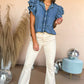 Button Front Ruffled Flutter Frayed Denim Top