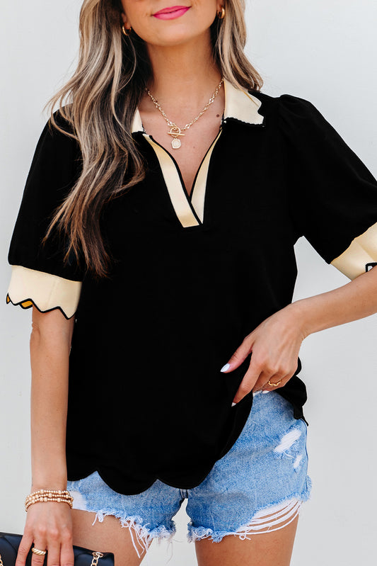 Scallop Trim Color Block Long Sleeve Collared Top