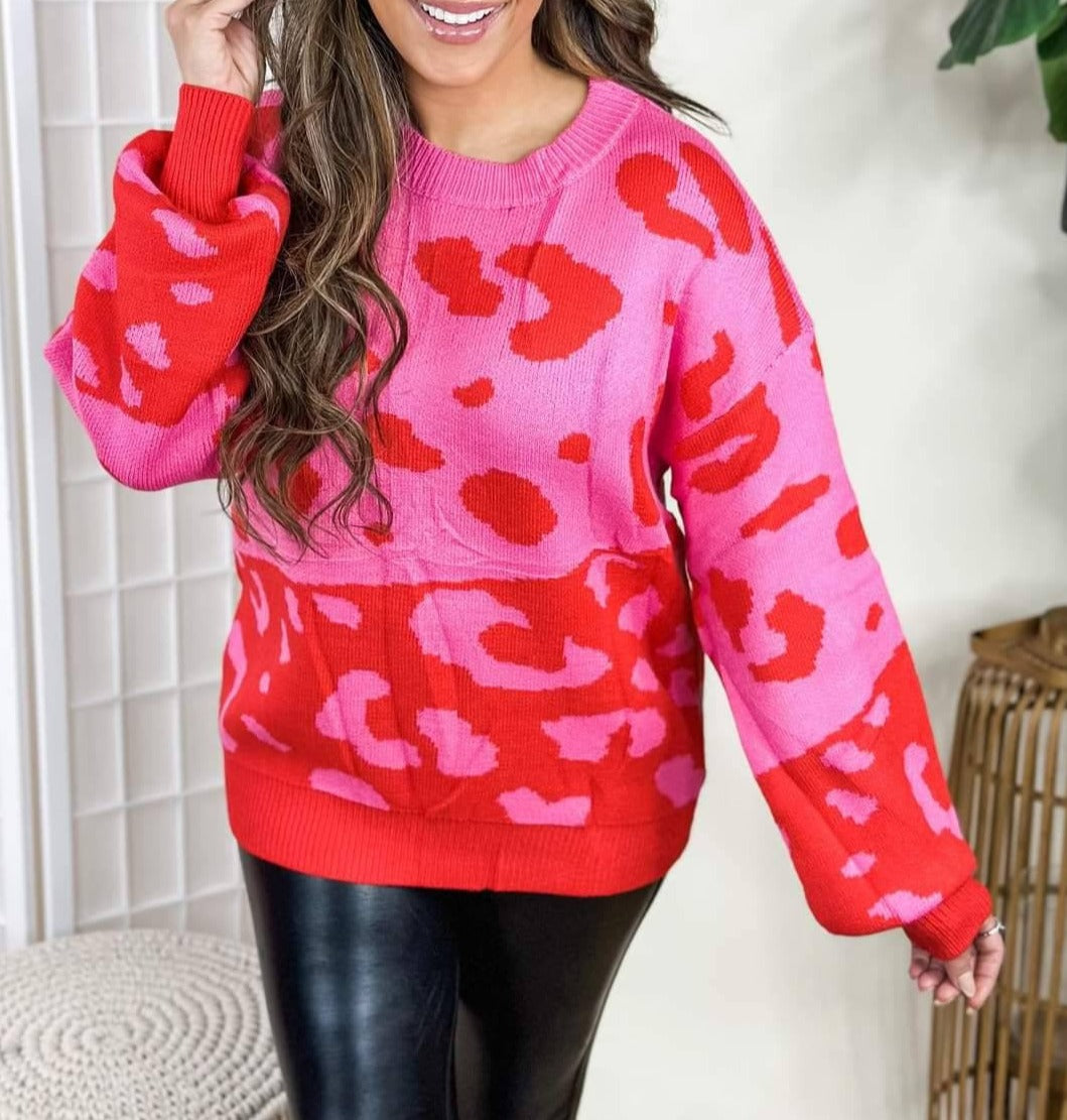 Leopard Trim Dropped Shoulder Sweater