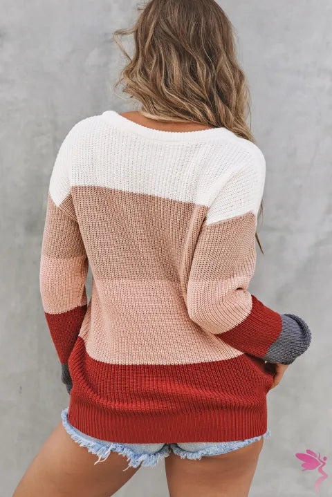 Color Block Knitted O-neck Pullover Sweater