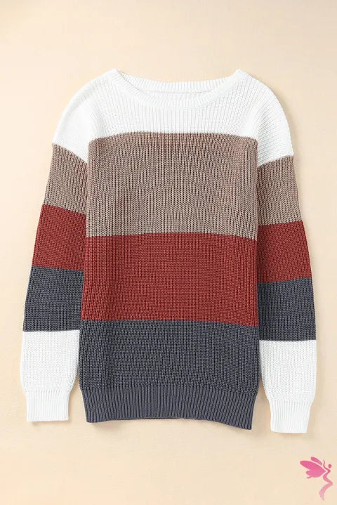 Color Block Knitted O-neck Pullover Sweater