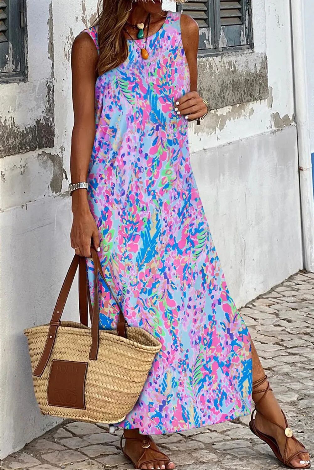 Purple Print Sleeveless Maxi Dress