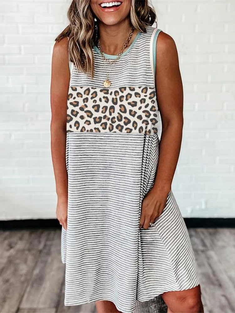 Leopard-Panel Striped Tank Dress