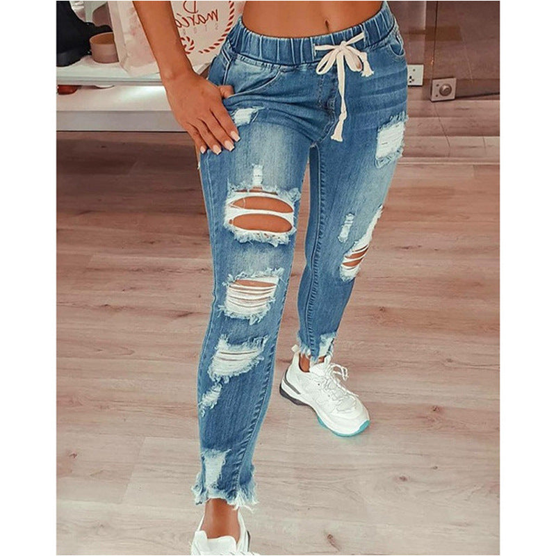 Elastic Waist Drawstring Ripped Jeans