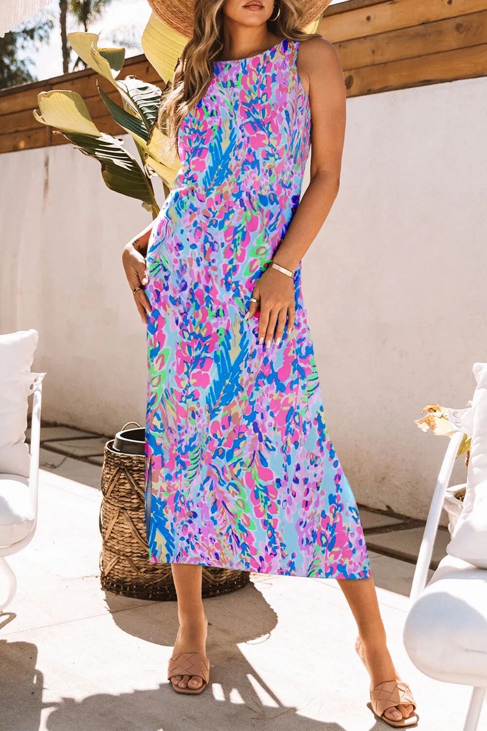 Purple Print Sleeveless Maxi Dress