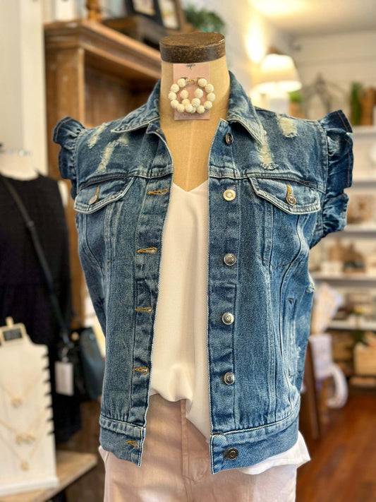 Ripped Pleated Short Sleeve Denim Shirt