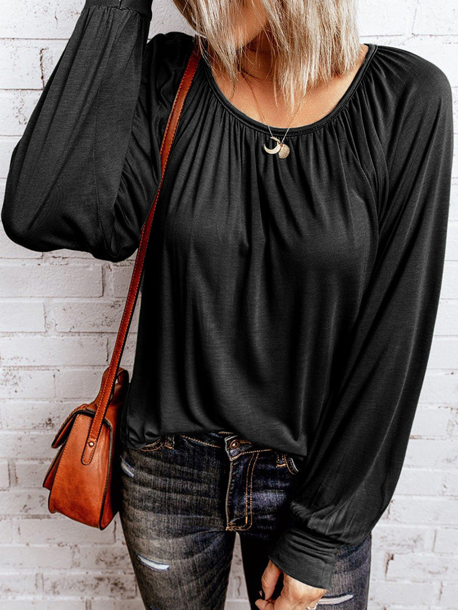 Crew Neck Pleated Long Sleeve Top