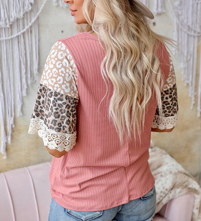 Leopard Print Lace Short Sleeve T-shirt