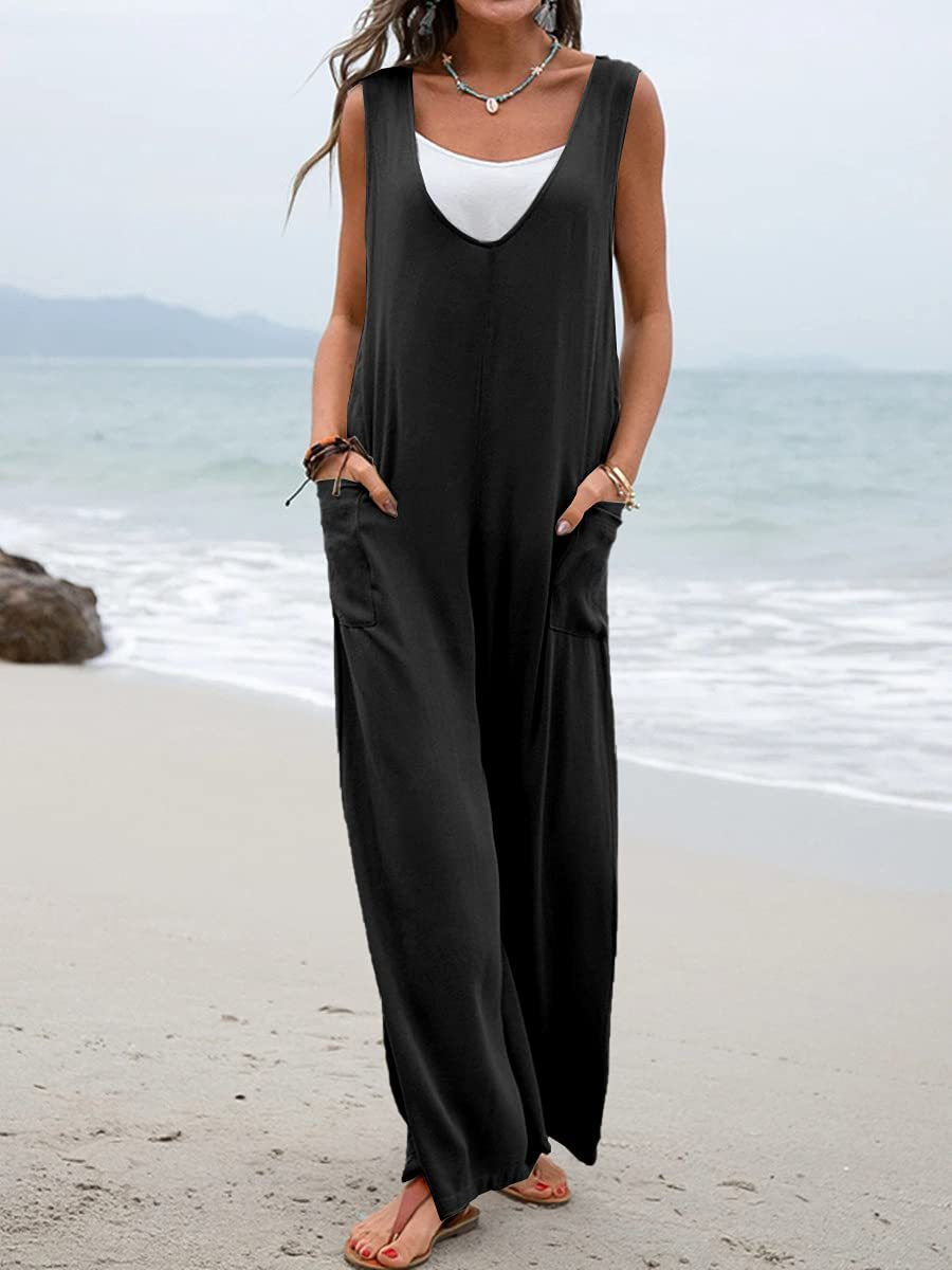 Solid V Neck Pocket Jumpsuit