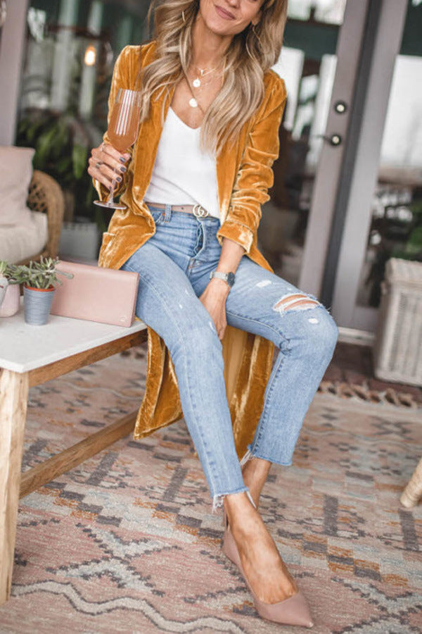 Women's Gold Velvet Long Cardigan