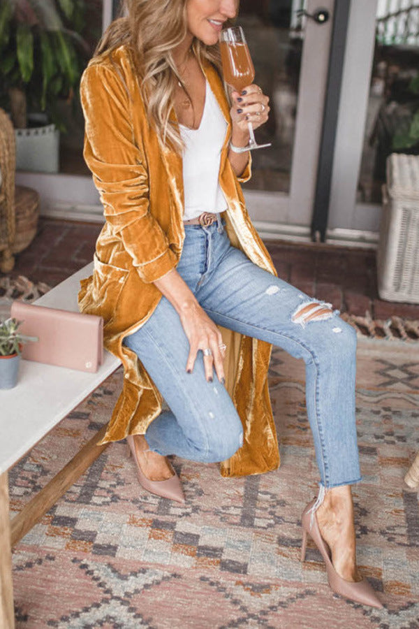 Women's Gold Velvet Long Cardigan