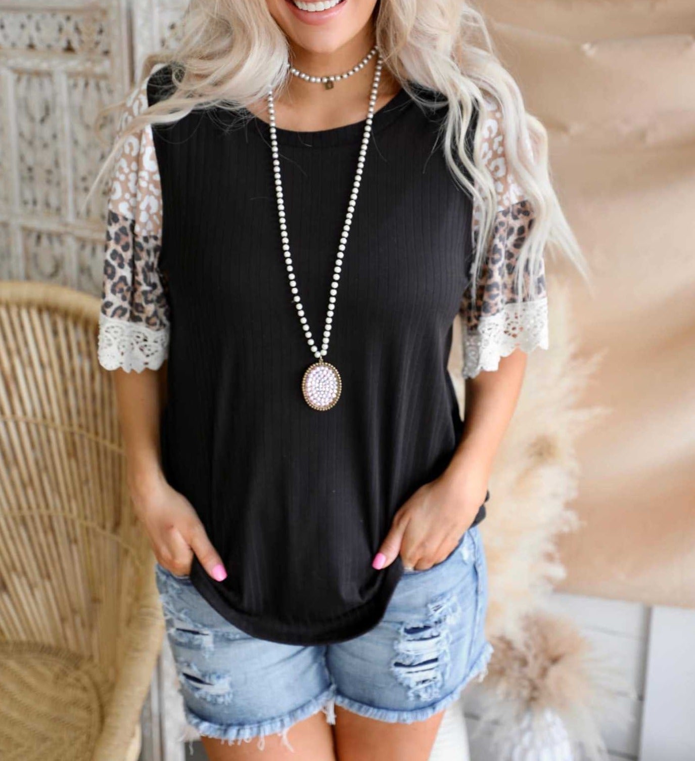 Leopard Print Lace Short Sleeve T-shirt