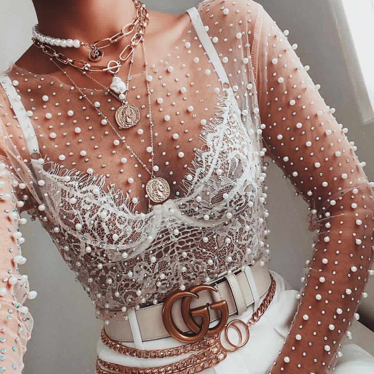 Rhinestone Pearl Mesh Top