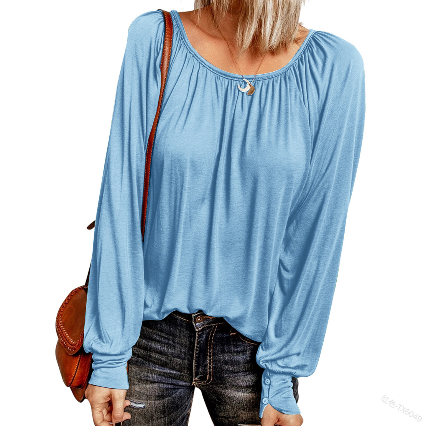 Crew Neck Pleated Long Sleeve Top