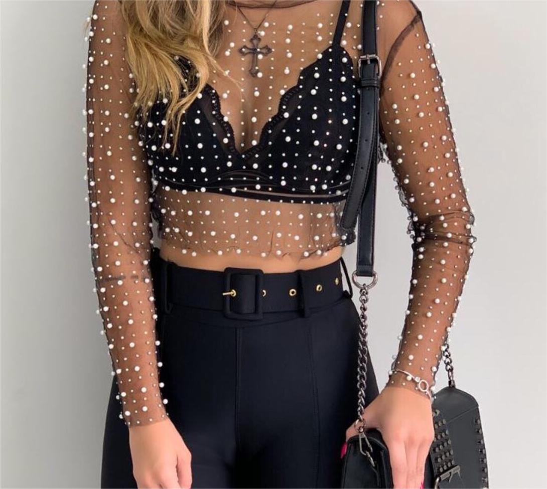 Rhinestone Pearl Mesh Top