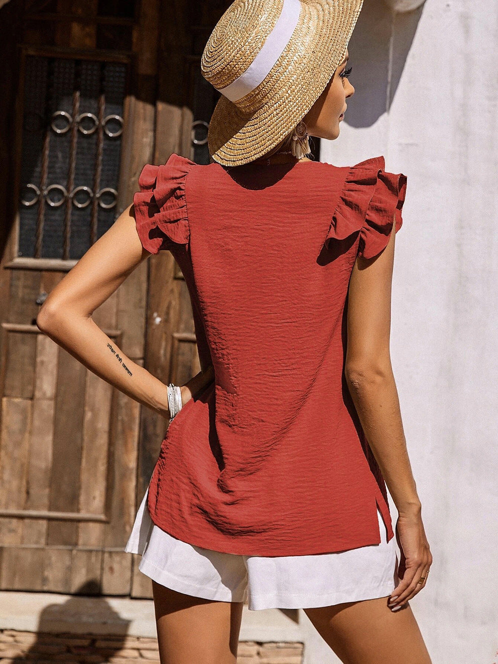 Ruffle Tiered Sleeve V Neck Tank Top