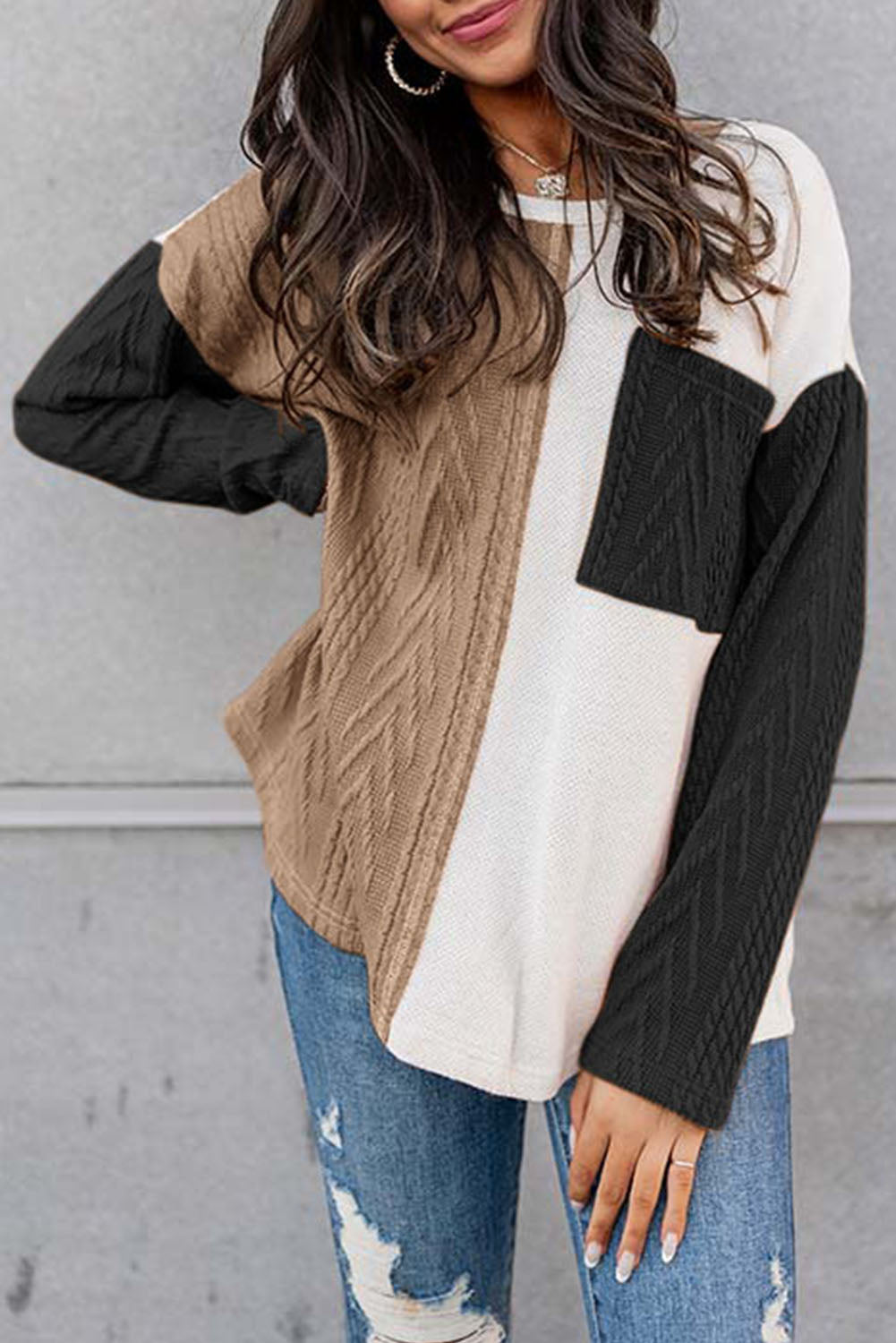 Long Sleeve Colorblock Textured Knit Top