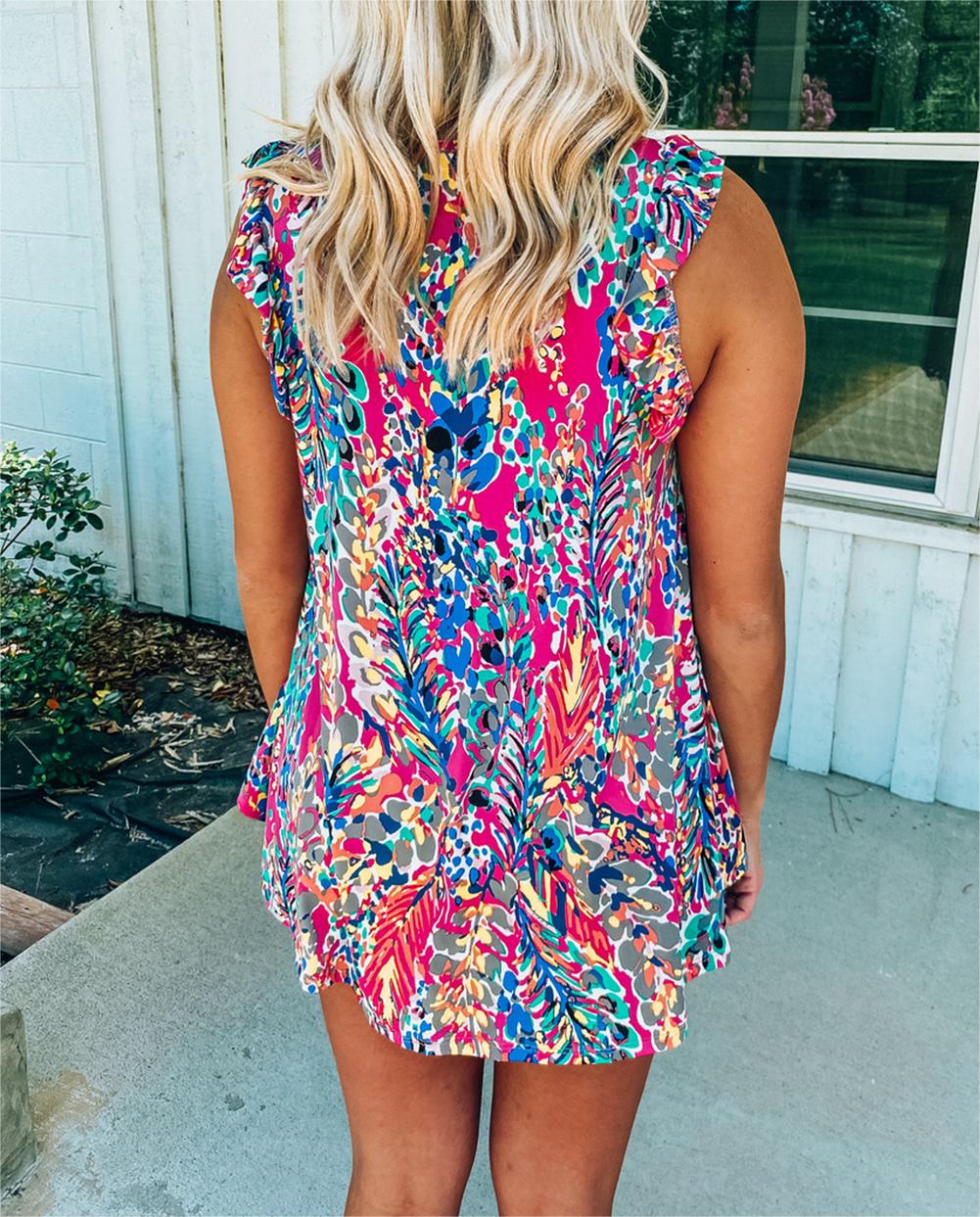 Floral Print Ruffles Sleeve Tank Top