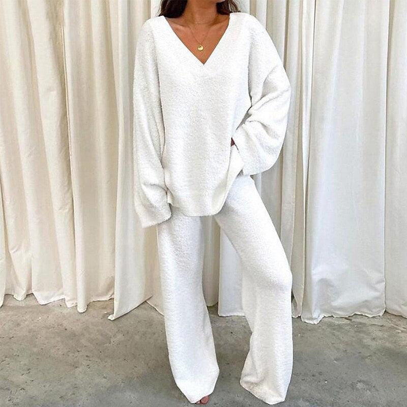 Solid Color V-neck Warm Loungewear Set