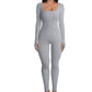 Long Sleeves Solid Color Ribbed Jumpsuit