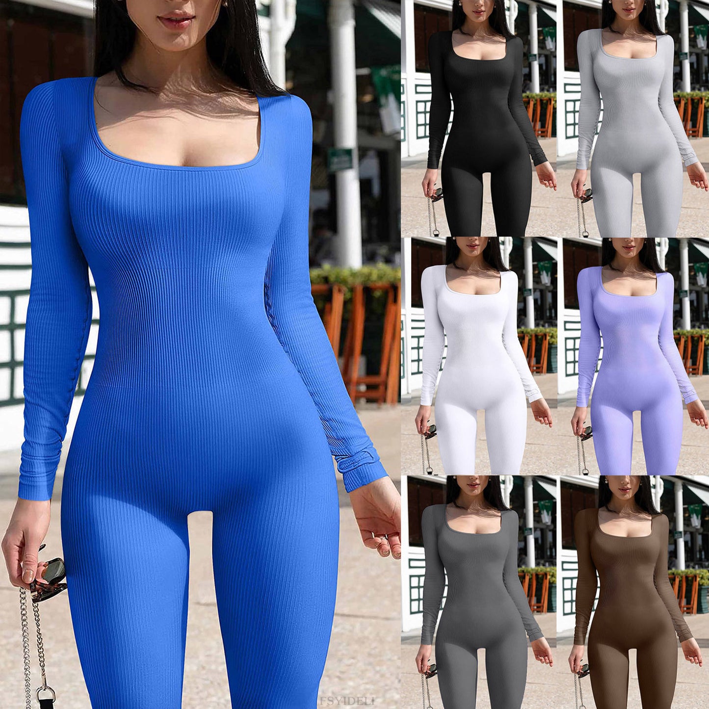 Long Sleeves Solid Color Ribbed Jumpsuit