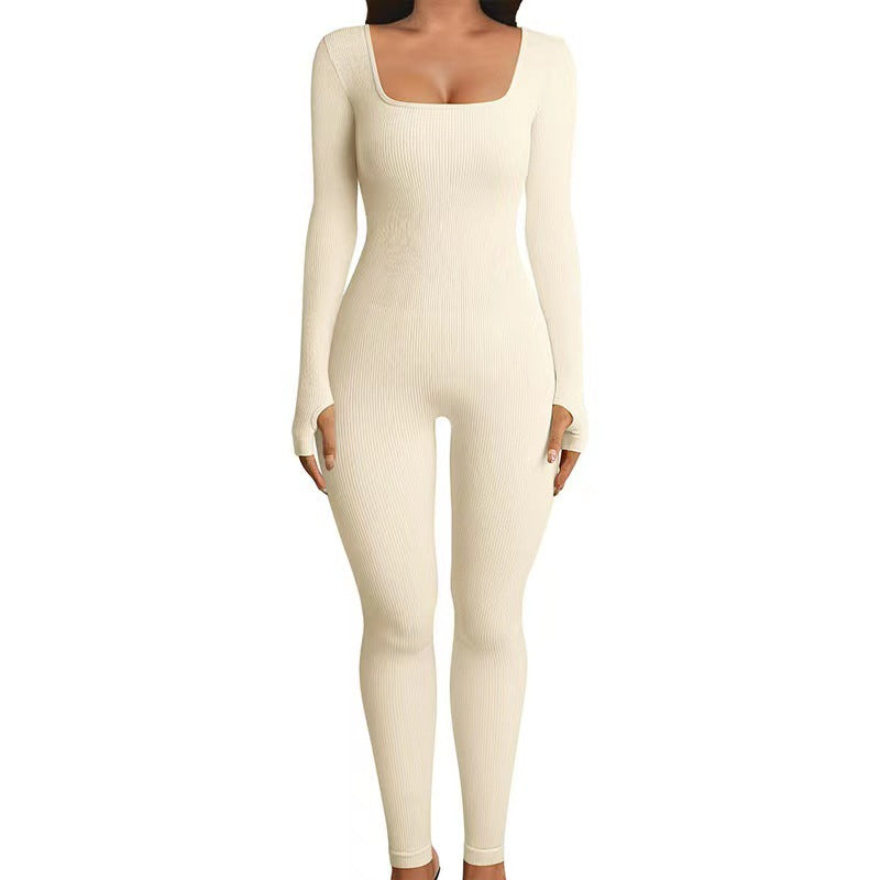 Long Sleeves Solid Color Ribbed Jumpsuit