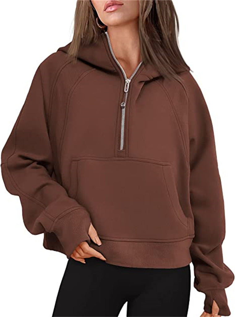 Half Zip Hooded Fleece Short Sweatshirt