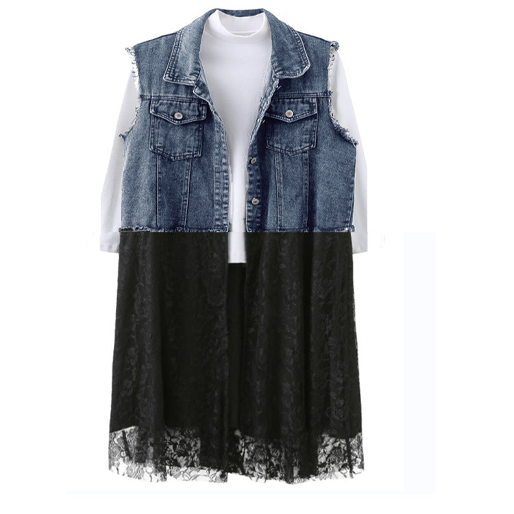 Lace Panel Denim Vest