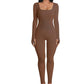 Long Sleeves Solid Color Ribbed Jumpsuit