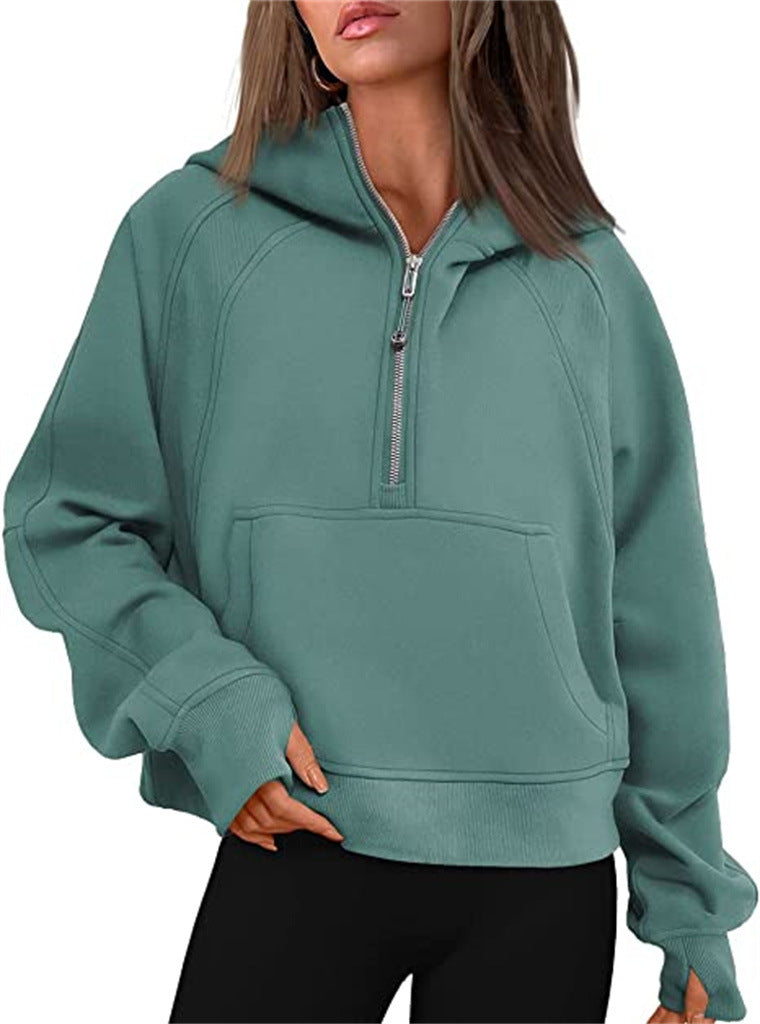 Half Zip Hooded Fleece Short Sweatshirt