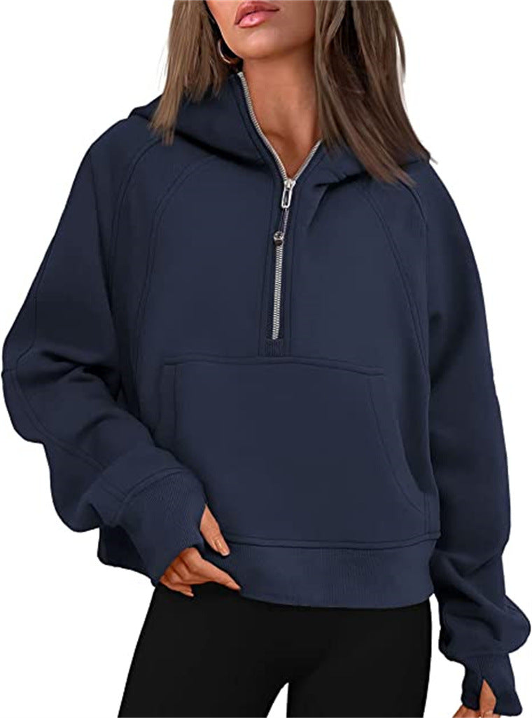 Half Zip Hooded Fleece Short Sweatshirt