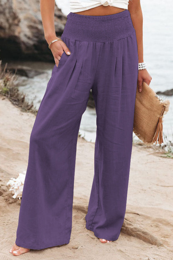 Cotton Linen Tight Waist Wide Leg Pants