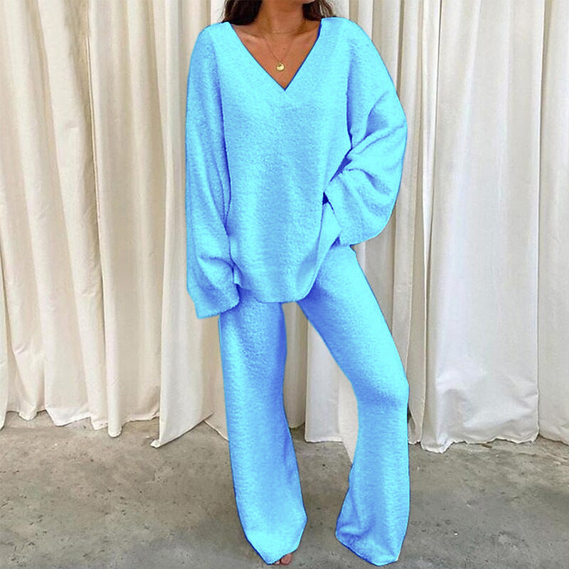 Solid Color V-neck Warm Loungewear Set