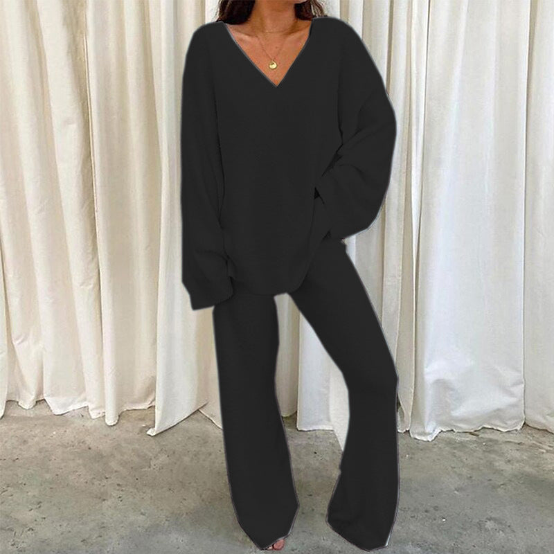 Solid Color V-neck Warm Loungewear Set